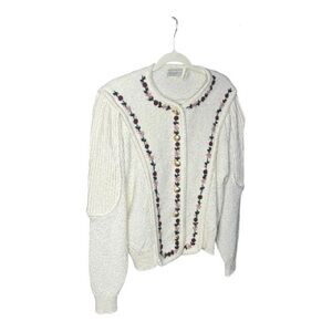 Embroidered Cream Button-Front Women's Cardigan